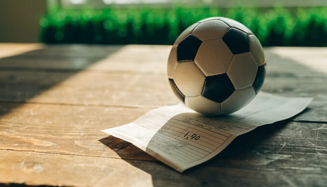 Un pallone da calcio appoggiato su una schedina bianca su un tavolo di legno, alla luce del giorno